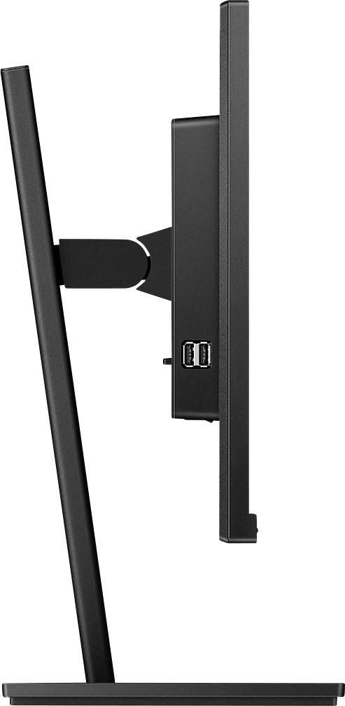 Seitenansicht eines schlanken Computermonitors mit zwei USB-Anschlüssen an der Seite, montiert auf einem eleganten schwarzen Standfuß.