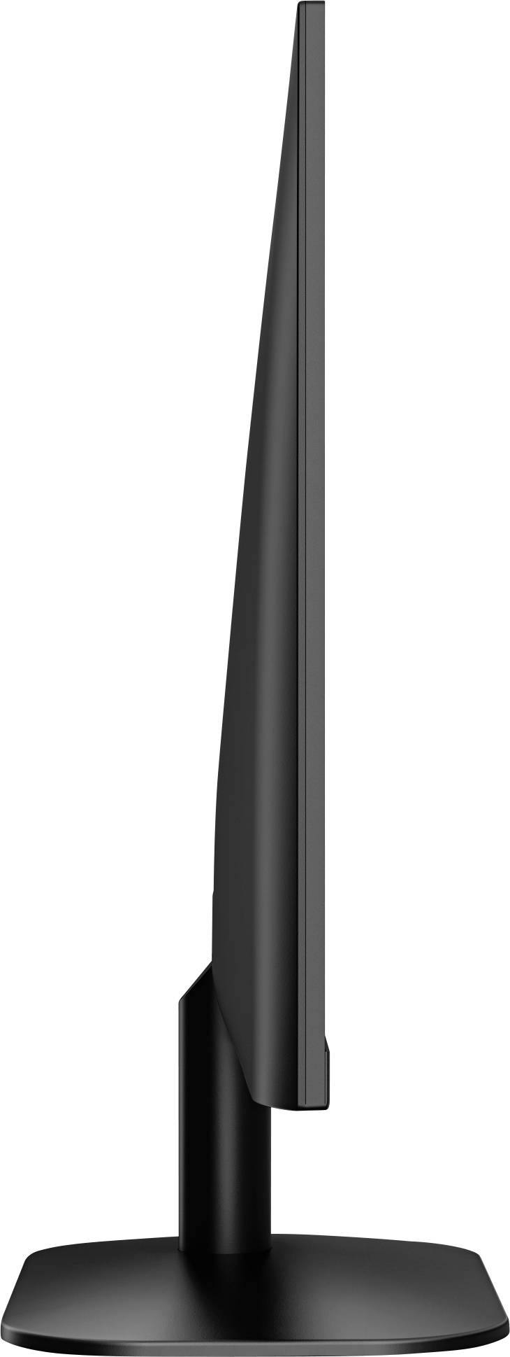Das Bild zeigt die Seitenansicht eines modernen, schwarzen Computerbildschirms auf einem runden Sockel. Der Bildschirm ist schlank.