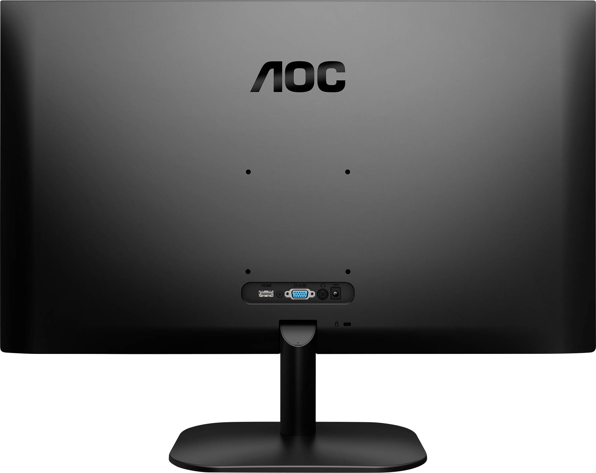 Ein AOC-Monitor von hinten gezeigt, mit sichtbaren Anschlüssen für VGA und HDMI.