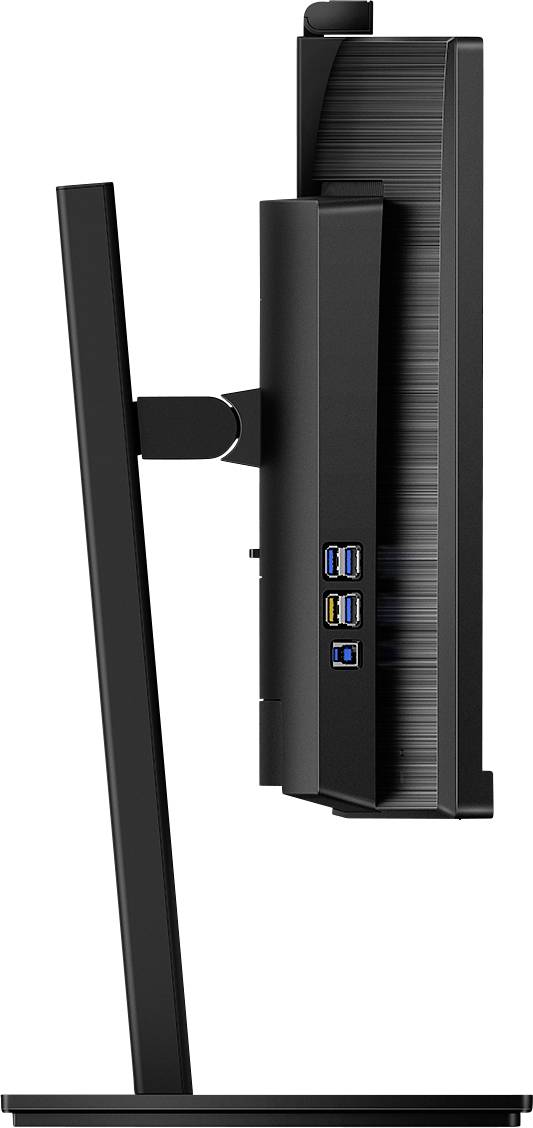 Seitliche Ansicht eines schwarzen Computerbildschirms auf einem Standfuß, mit drei sichtbaren USB-Anschlüssen auf der Rückseite.