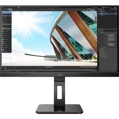 Ein Computerbildschirm zeigt ein 3D-Rendering-Programm mit der Darstellung eines modernen Gebäudes bei sonnigem Wetter.