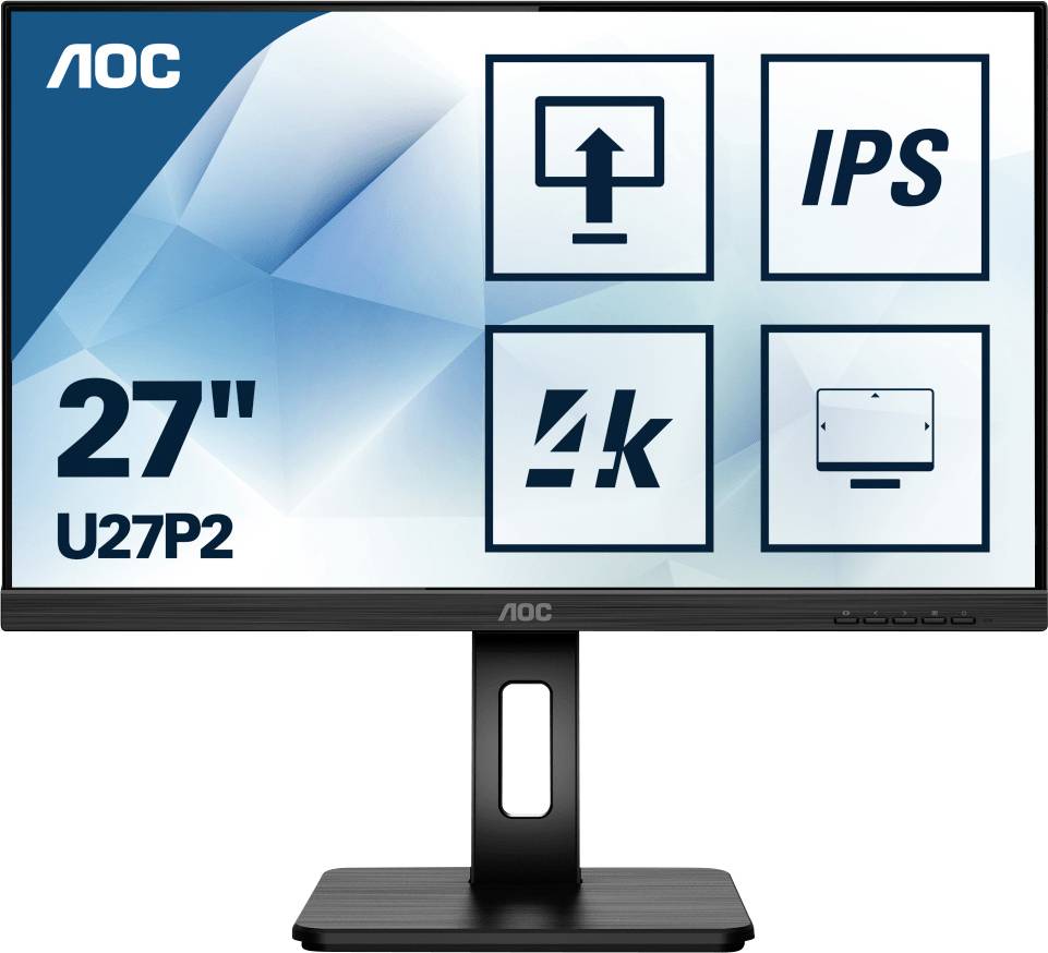 AOC Monitorbildschirm zeigt vier Symbole: '27" U27P2' für die Größe, '4k' für Auflösung, 'IPS' für Displaytyp und Gerätesymbol.