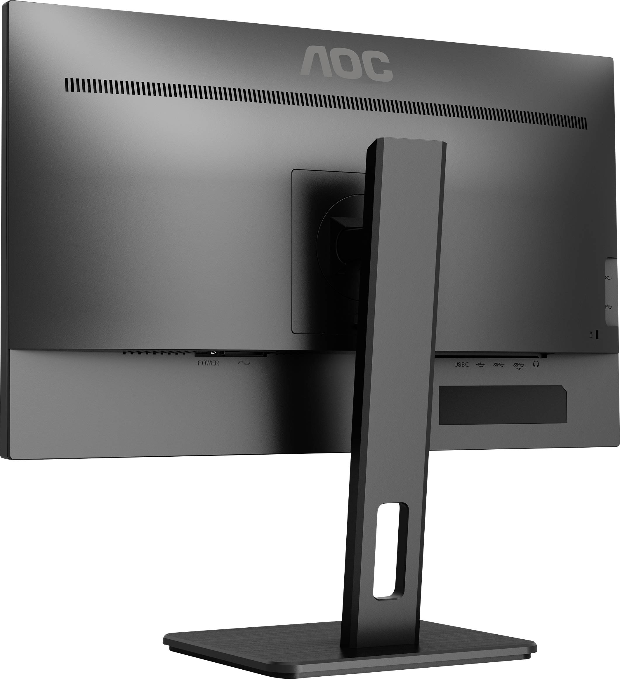Rückansicht eines AOC-Monitors mit schmalem Standfuß und Anschlüssen, geeignet für Büro- oder Heimeinsatz.