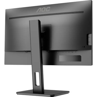 Ein schwarzer Computermonitor von hinten, mit rechteckigem Standfuß und sichtbaren Anschlüssen.