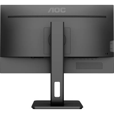 Ein Computerbildschirm von hinten, Marke AOC, mit einem rechteckigen Standfuß und schwarzem Rahmen.