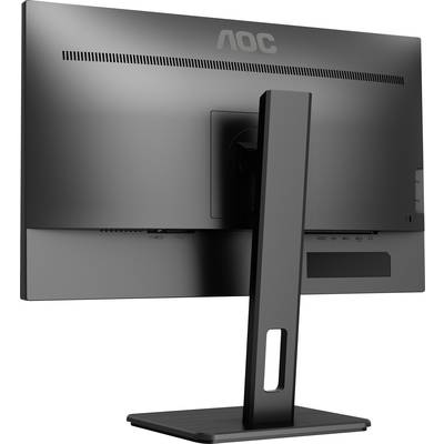 'Rückseite eines AOC-Monitors auf einem schwarzen Standfuß. Schlichtes Design mit Belüftungsschlitzen oben und Anschlüssen unten.'