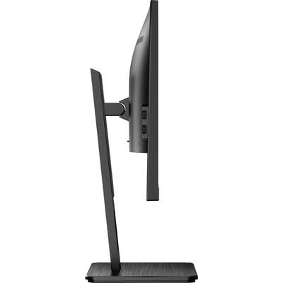 Seitenansicht eines schlanken schwarzen Computerbildschirms mit zwei USB-Anschlüssen an der Seite.