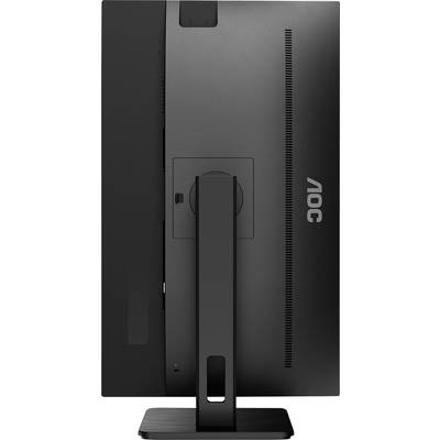 Rückansicht eines schwarzen Computerbildschirms mit Standfuß. Links und rechts sind Lüftungsschlitze sichtbar, Markenlogo rechts oben.