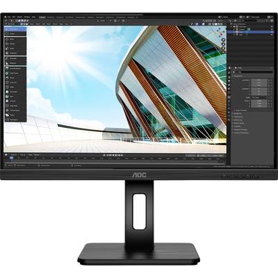 Ein Computermonitor zeigt eine Architektur-Rendering-Software mit einem futuristischen Gebäude unter sonnigem Himmel.