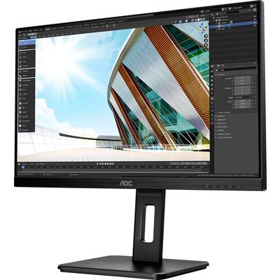 Ein Monitor zeigt eine Architektur-Rendering-Software mit einem modernen Gebäudeentwurf vor einem sonnigen Himmel.