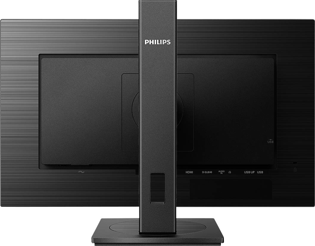 'Rückseite eines Philips-Monitors mit HDMI-, DisplayPort- und USB-Anschlüssen, montiert auf einem Standfuß.'