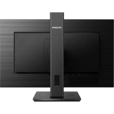 Rückseite eines schwarzen Computerbildschirms. Der Ständer trägt den Markennamen 'Philips'.