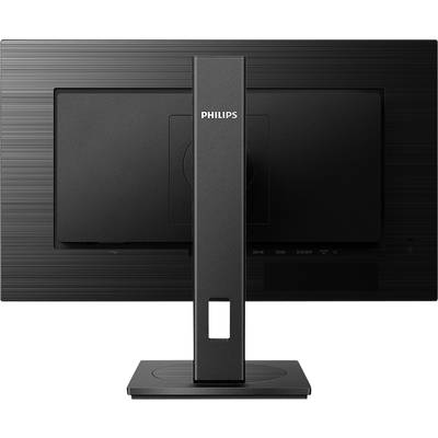 Ein schwarzer Philips-Monitor, Rückseite. Ein rechteckiger Fuß trägt den Bildschirm; das Firmenlogo 'PHILIPS' ist oben auf dem Ständer.