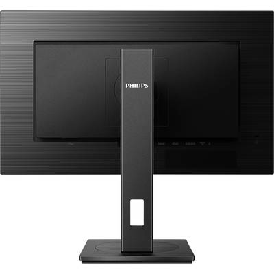 Rückansicht eines schwarzen Philips-Monitors mit rechteckigem Standfuß und vertikalem Halterungsschacht.