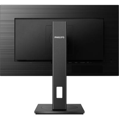Der Monitor zeigt die Rückseite eines Philips-Bildschirms mit einem stabilen Standfuß, schwarzem Gehäuse und Firmenlogo.