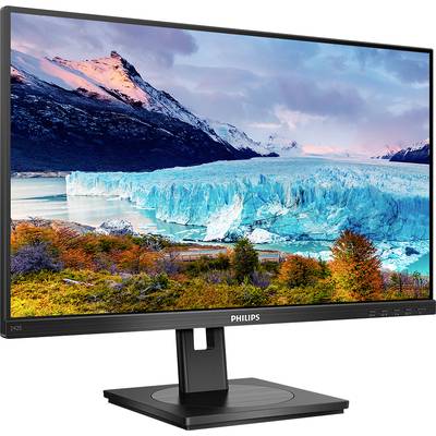 Ein Computermonitor von Philips zeigt ein Bild von einer beeindruckenden Schneelandschaft mit Bergen und Gletscher, unter blauem Himmel.