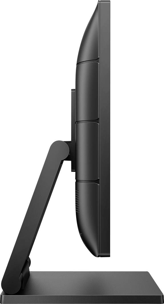 Seitenansicht eines Flachbildschirms auf einem Standfuß. Der Bildschirm ist vertikal geneigt und zeigt dünne Ränder.