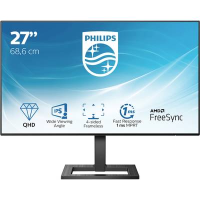 Monitor mit 27 Zoll (68,6 cm) Bildschirm, QHD-Auflösung, 4-seitigem randlosem Design, 1 ms Reaktionszeit. Markenname und Typ auf dem Display.