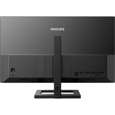 Rückansicht eines Philips-Monitors mit HDMI- und DisplayPort-Anschlüssen, Netzanschluss, und Kopfhörerbuchse, auf einem Ständer.