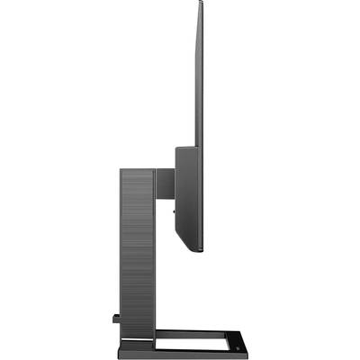 Profilansicht eines modernen, dünnen Computermonitors auf einem rechteckigen Standfuß.