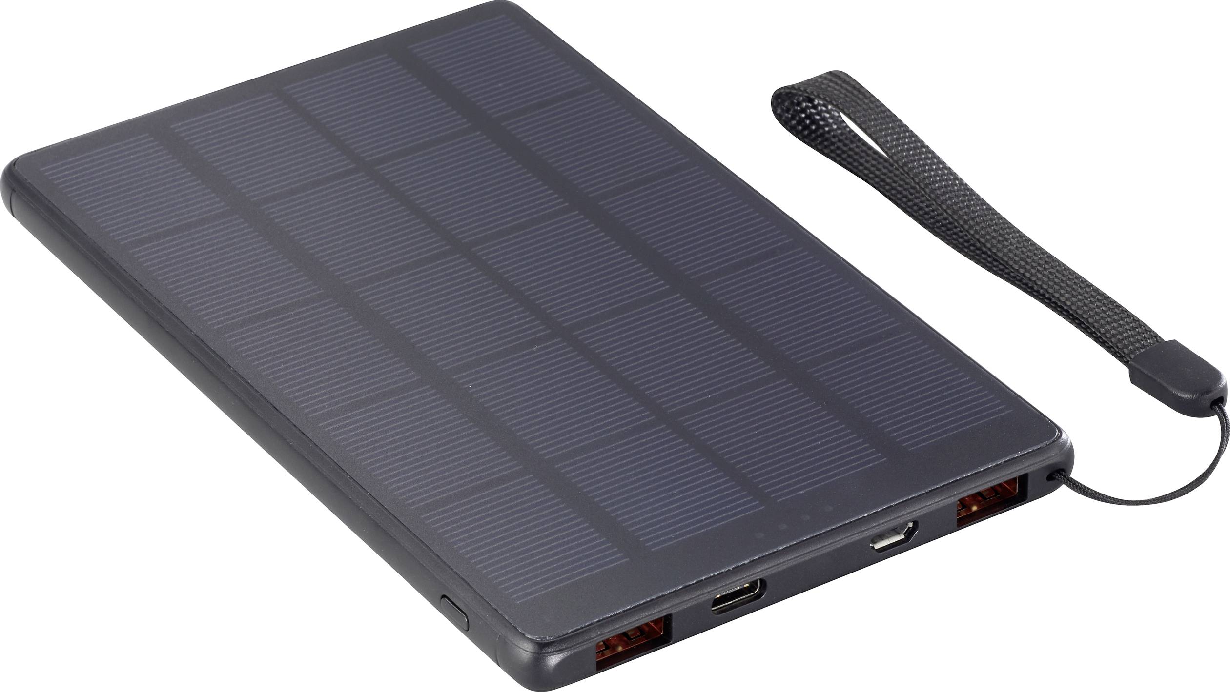Tragbares Solar-Ladegerät mit zwei USB-Anschlüssen und einer schwarzen Handgelenkschlaufe. Eignet sich für mobiles Laden unterwegs.