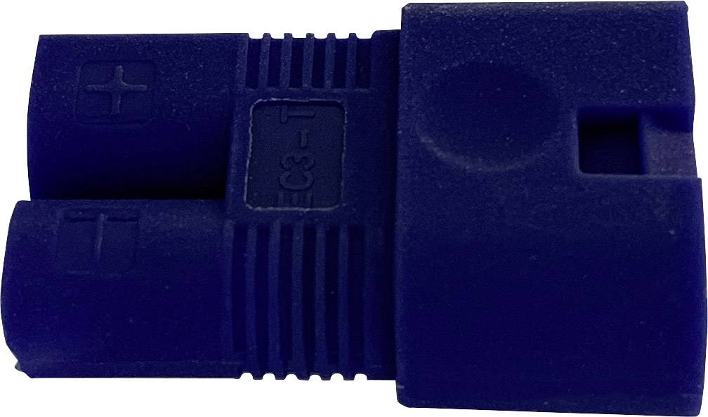 Ein blauer elektrischer Steckverbinder mit Plus- und Minusmarkierungen auf den Anschlüssen, zur Verbindung von Kabeln.