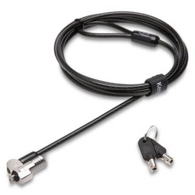 Schwarzes Sicherheitsschloss mit Kabel und zwei Schlüsseln. Geeignet zur Sicherung von Laptops oder ähnlichen Geräten.