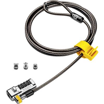 Ein silbernes und gelbes Zahlenschloss mit einem langen, schwarzen Kabel. Enthält vier austauschbare Adapter. Ideal für Laptopschutz.