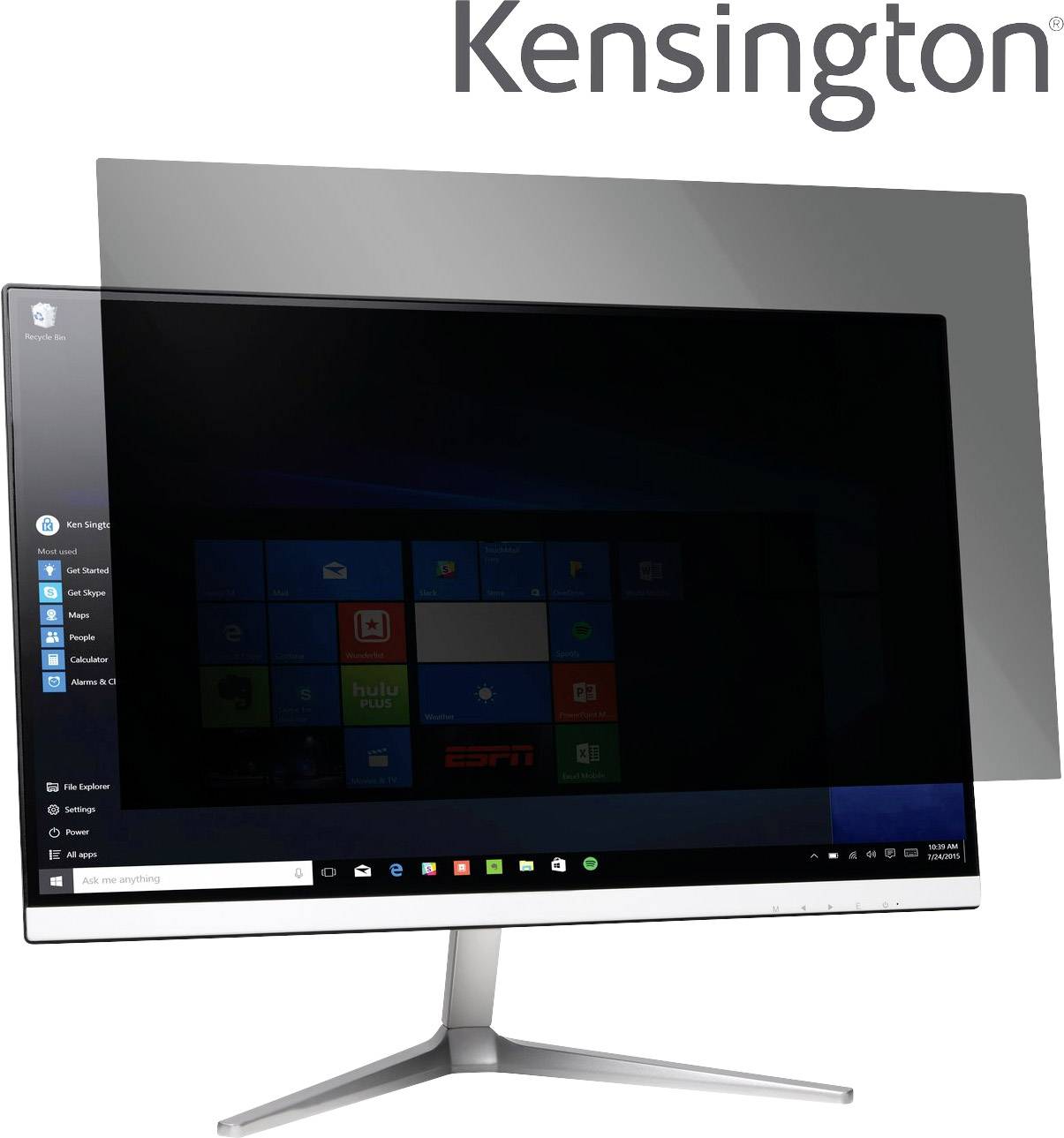 Ein Computerbildschirm mit einem Sichtschutzfilter von Kensington. Der Filter schützt Informationen vor unerwünschtem Mitlesen.