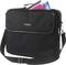 Schwarze Laptoptasche mit Schultergurt, enthält bunte Ordner. Ideal für Büro oder Reisen.