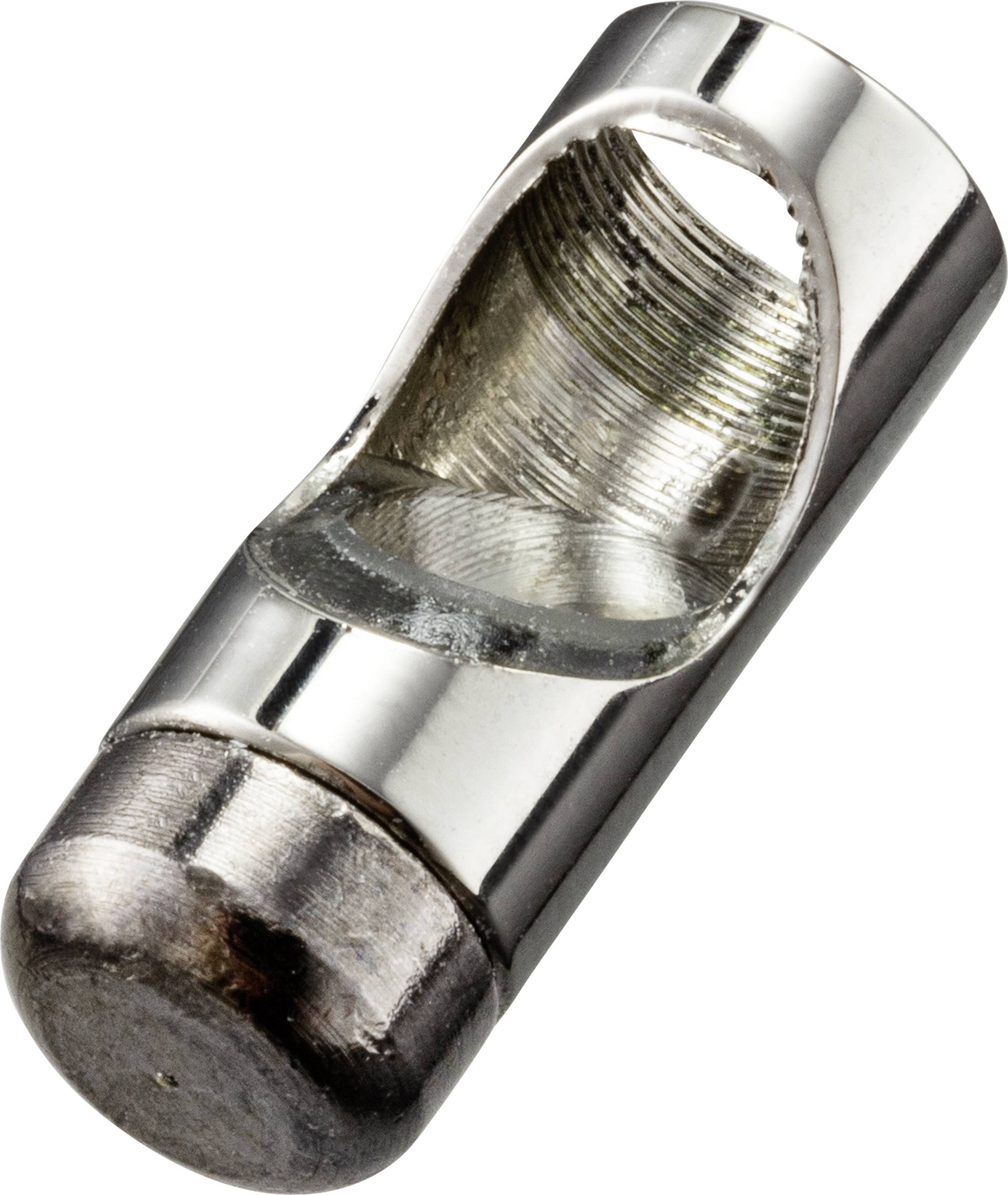 Metallisches Mundstück, das für Blasinstrumente verwendet wird. Es hat eine glatte, glänzende Oberfläche und eine abgerundete Form.