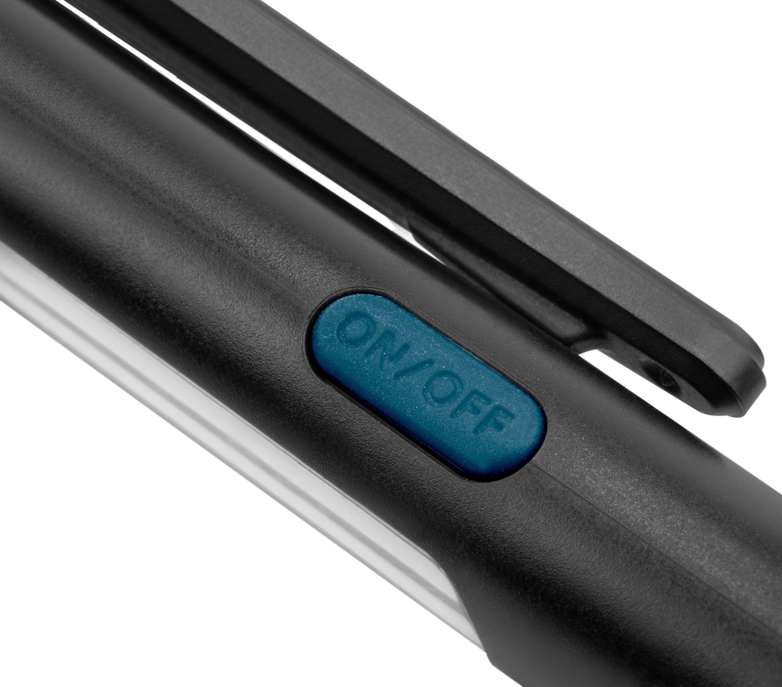 Nahaufnahme eines schwarzen Taschengriffs mit blauem 'ON/OFF'-Schalter.