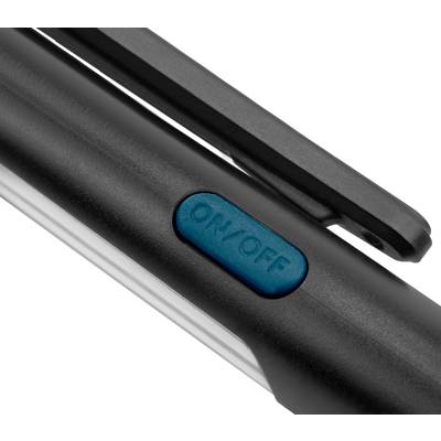 Nahaufnahme eines schwarzen Taschengriffs mit blauem 'ON/OFF'-Schalter.