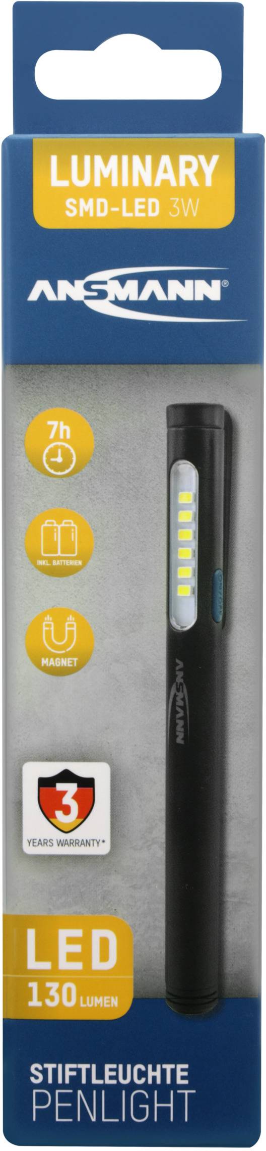 Verpackung einer Ansmann Stiftleuchte. Text: 'Luminary SMD-LED 3W', '7h', '130 Lumen', '3 Jahre Garantie'. Zeigt Stiftleuchte.