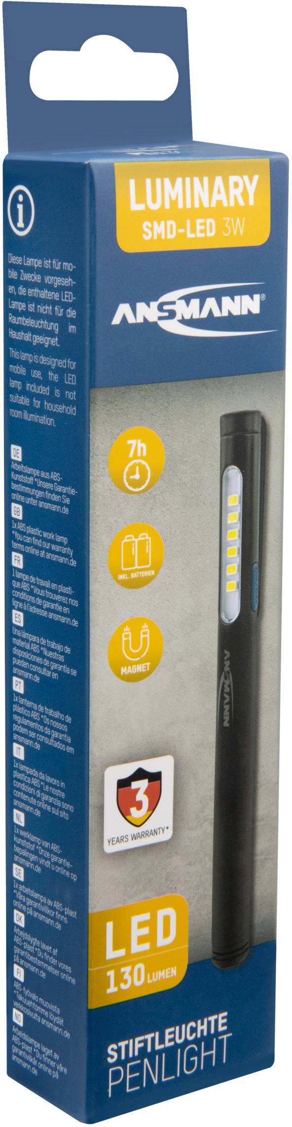 Verpackung einer schwarzen LED-Stiftleuchte mit 130 Lumen und 3W. Enthält Symbole für 7 Stunden Leuchtdauer, magnetische Befestigung und 3 Jahre Garantie.
