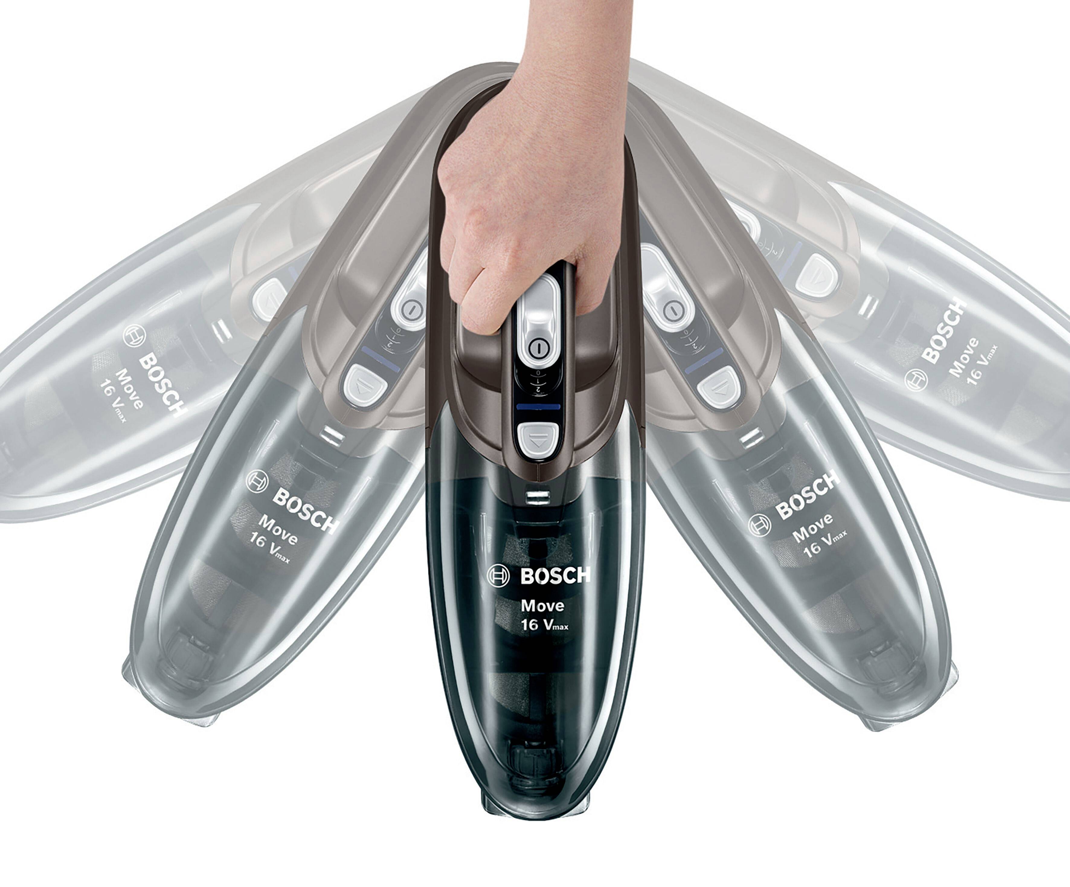 'Ein Handstaubsauger wird von einer Hand gehalten und in verschiedenen Winkeln gezeigt, um seine Flexibilität darzustellen.'