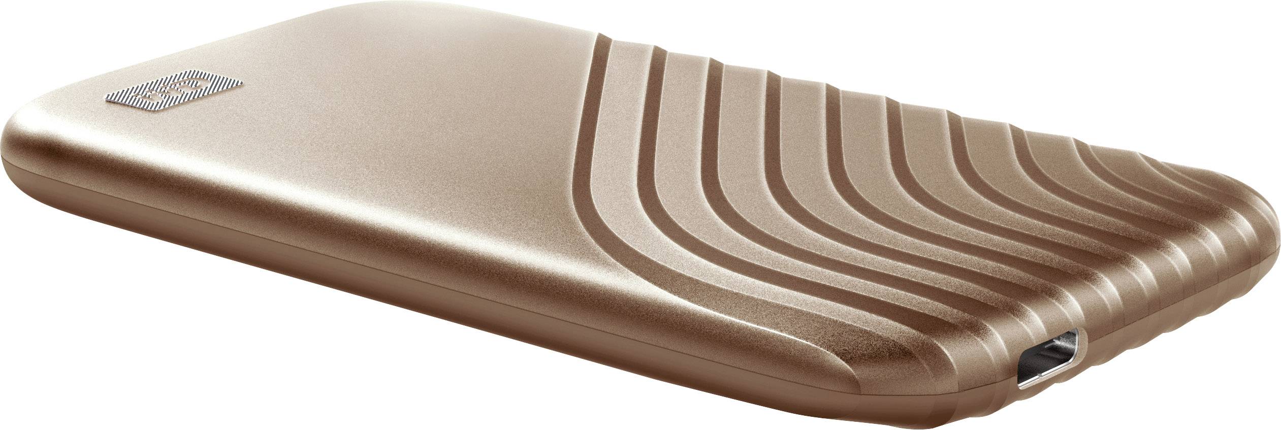 Externe Festplatte in Bronzefarbe mit einem schlichten, wellenförmigen Design. Datenspeicherung für Computer.