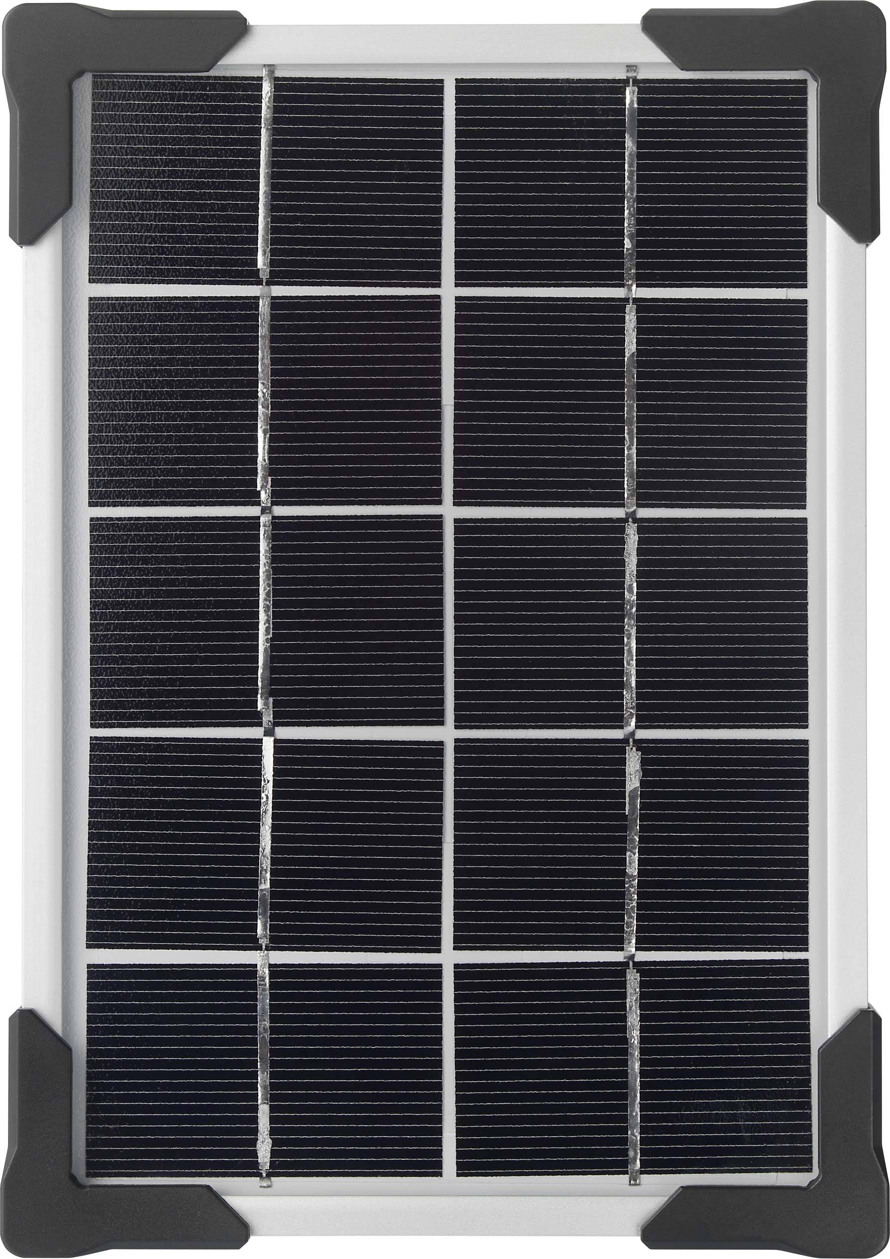 Ein rechteckiges Solarmodul mit sechzehn kleinen schwarzen Solarzellen, umrahmt von einem weißen Rand und verstärkten Ecken.