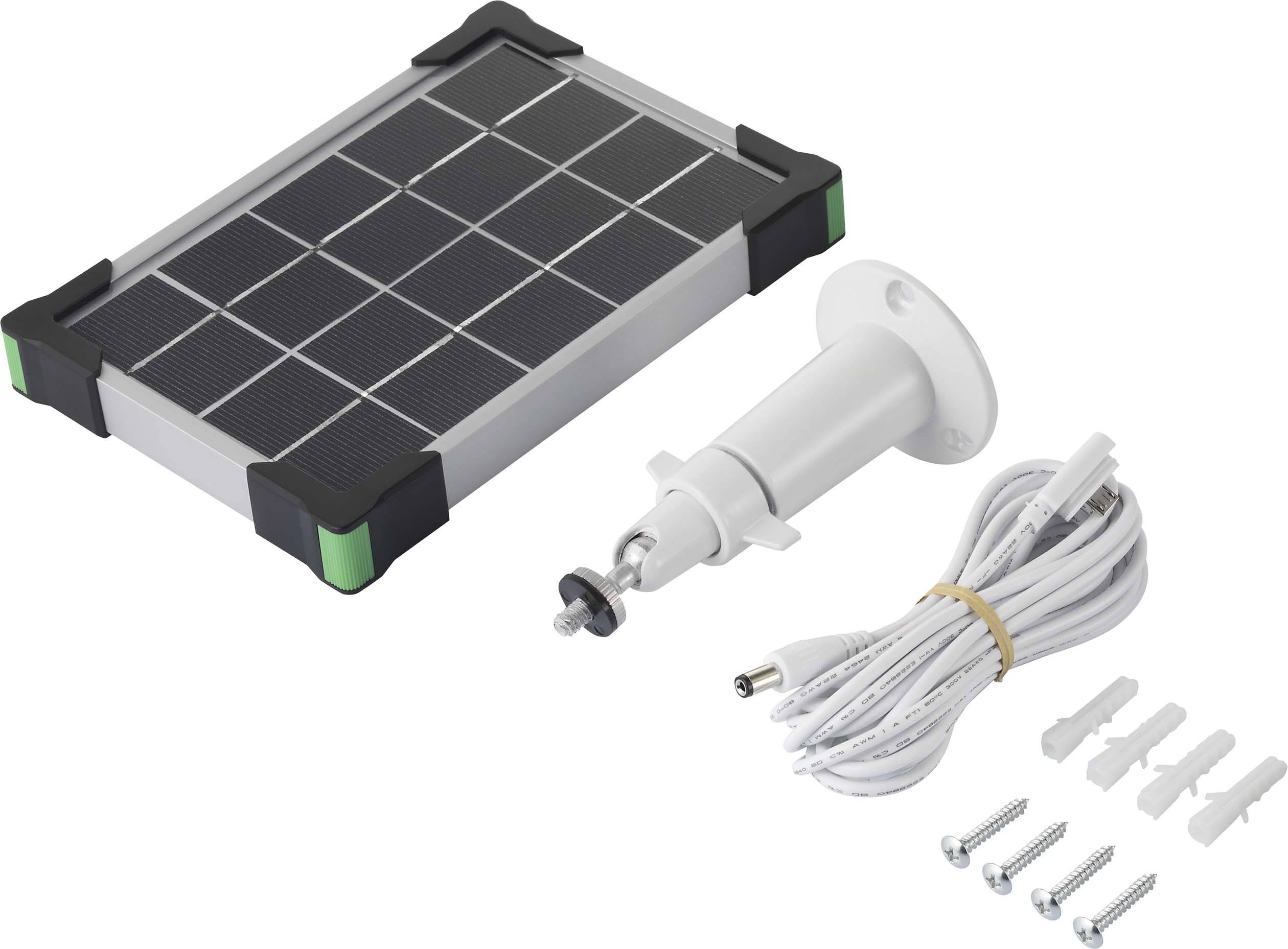 Solarmodul mit Wandhalterung, Kabel und Schrauben zur Installation eines Überwachungssystems, isoliert auf weißem Hintergrund.