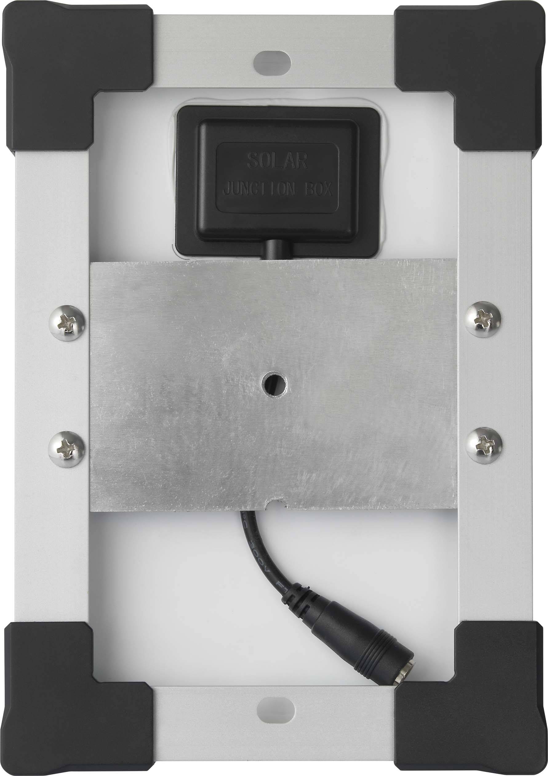 Metallrahmen mit schwarzem Kunststoffschutz an den Ecken, innen ein Solarmodul und ein Kabelanschluss.