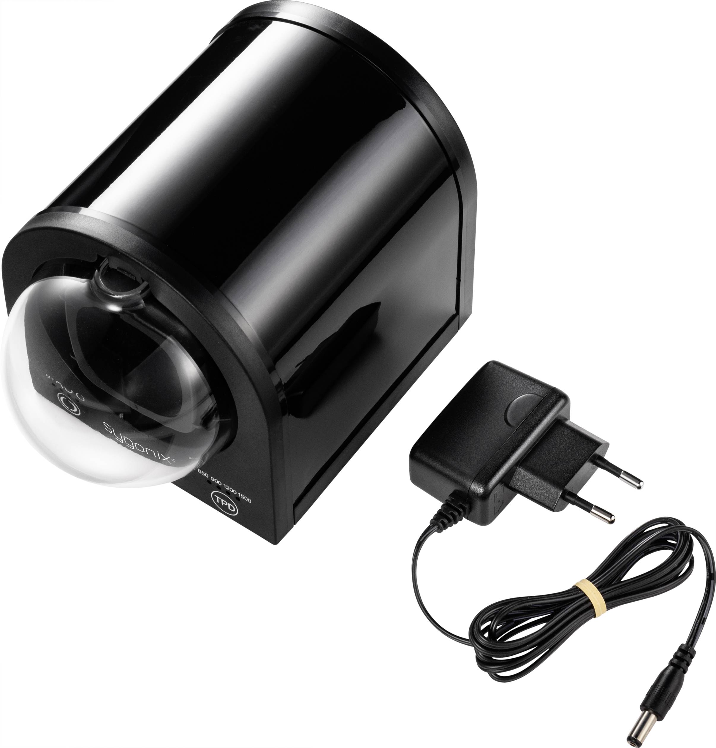 Schwarze elektrische Aromalampe mit runder Glaskuppel, daneben ein Netzteil mit Kabel.