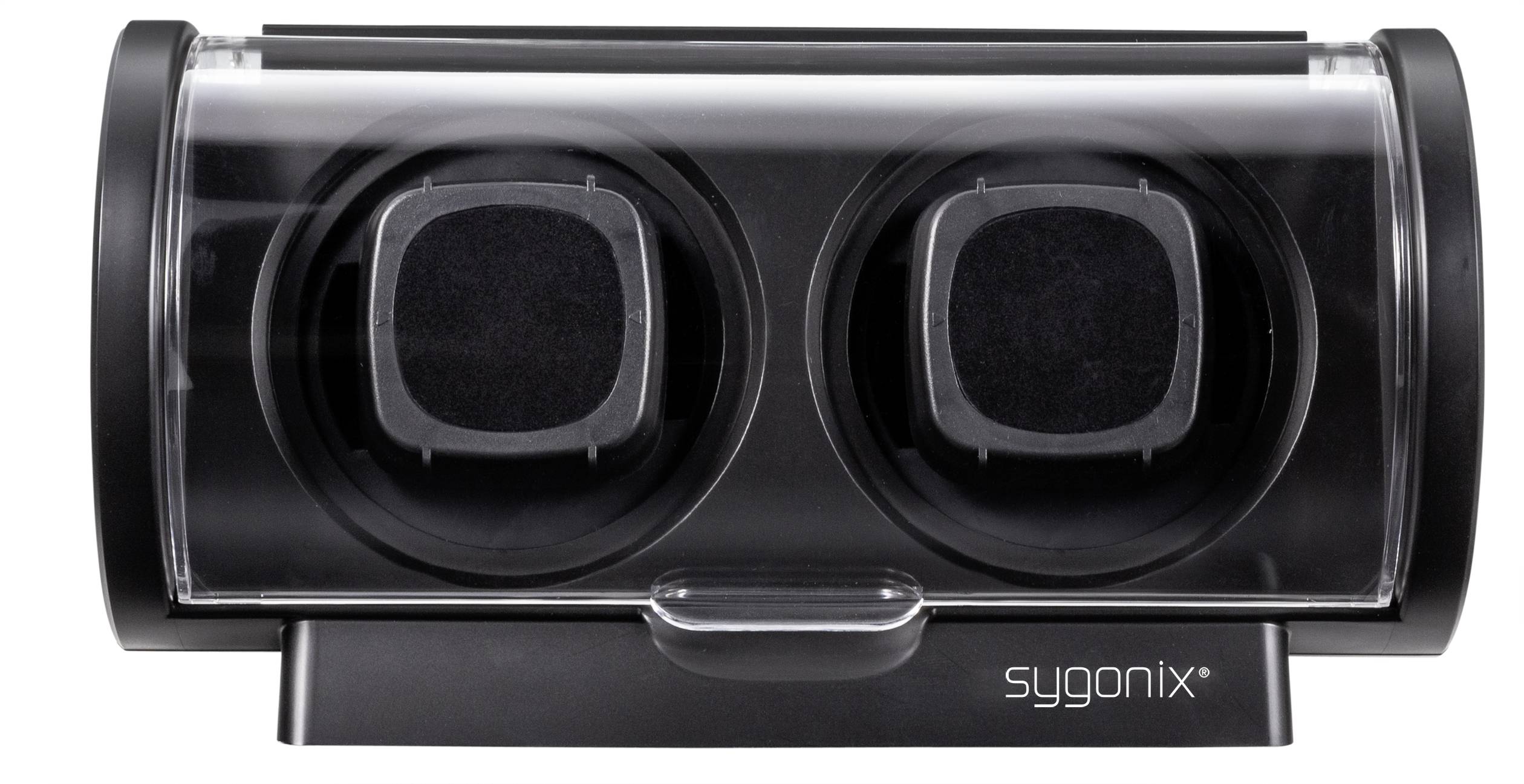 Schwarzer Uhrenbeweger mit zwei Fächern und durchsichtiger Abdeckung, Marke 'sygonix', auf weißem Hintergrund.