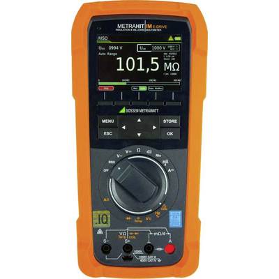 Digitales Multimeter mit orangefarbenem Rahmen zeigt auf dem Display den Messwert '101,5 MΩ'. Gerät hat verschiedene Tasten und Drehregler.