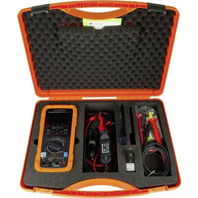 'Ein offener oranger Werkzeugkoffer mit einem Multimeter, Kabeln und Zubehör, in Schaumstoff geschützt. Geeignet für elektrische Tests.'