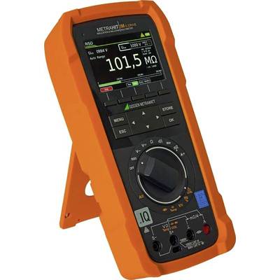 Ein orangefarbenes Multimeter zeigt eine Messung von 101,5 MΩ an. Es hat Tasten zur Bedienung und einen drehbaren Auswahlknopf.