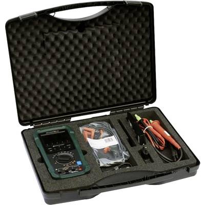 Ein offener Koffer mit einem Multimeter, Kabeln und Steckern. Das Multimeter liegt sicher in einer Schaumstoffeinlage.