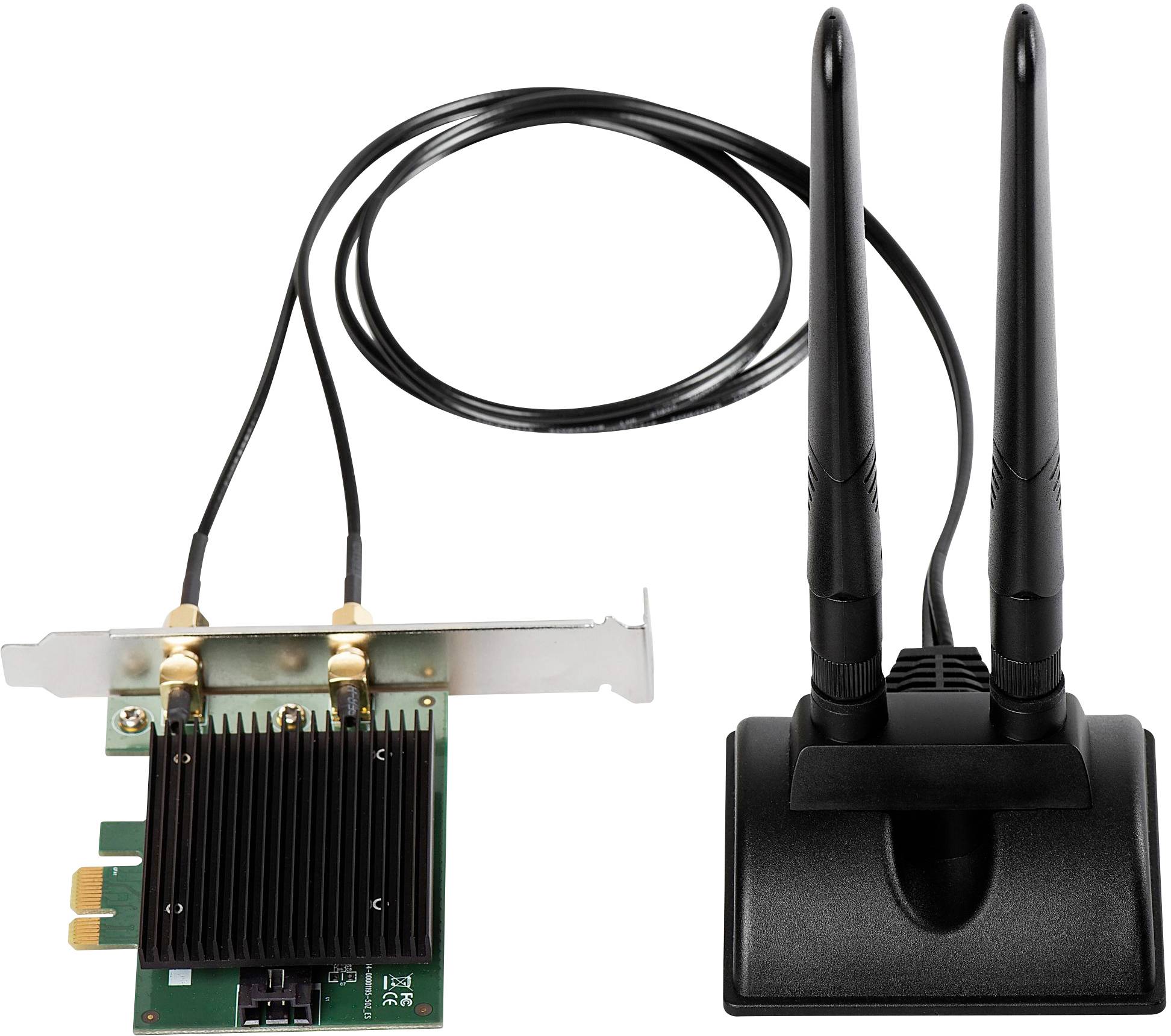 WLAN-Karte mit zwei Antennen und Kabel, geeignet für Heim- oder Büronetzwerke, steigert die drahtlose Verbindungsleistung.