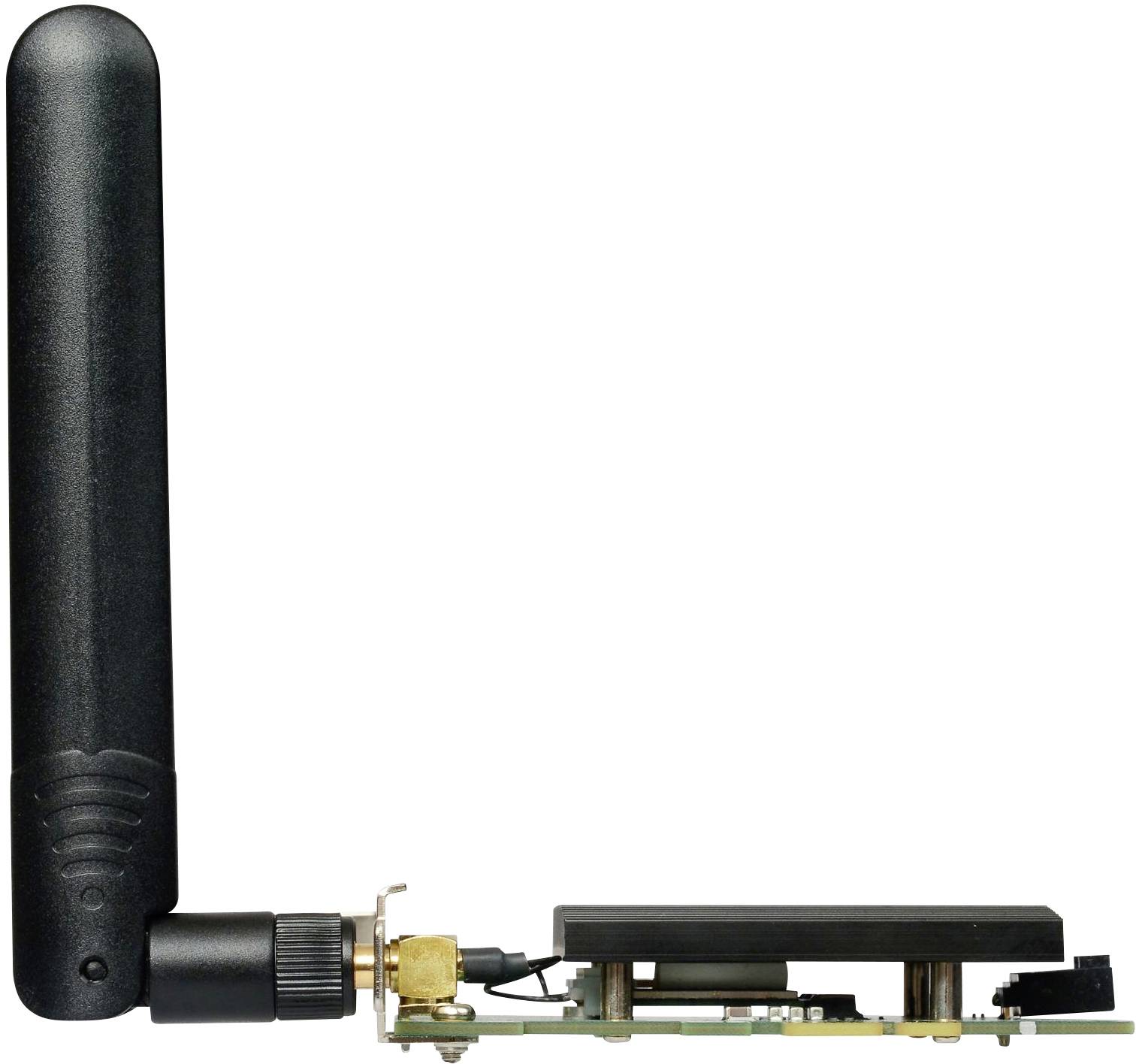 Ein WLAN-Adapter mit abnehmbarer Antenne, die senkrecht ausgerichtet ist. Der Adapter zeigt verschiedene Anschlüsse.