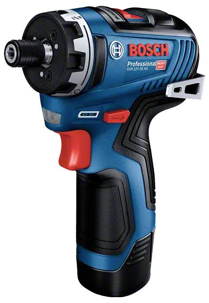 Bosch Professional Akku-Bohrschrauber, blau und schwarz, mit rotem Abzug und Schnellspannfutter vorne, auf weißem Hintergrund dargestellt.