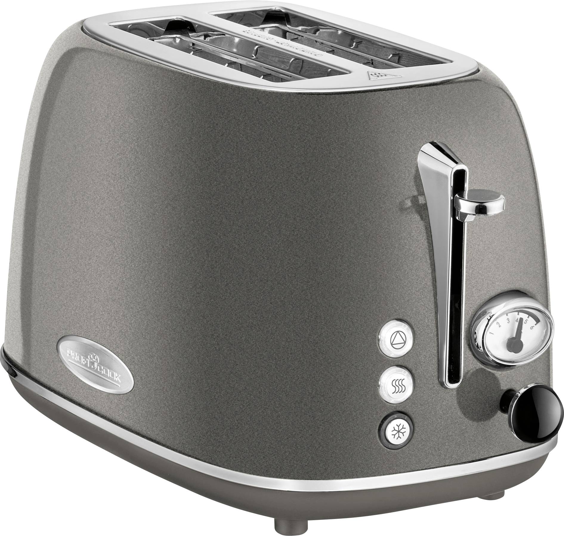 Toaster mit zwei Schlitzen, Temperaturregler, Auftau- und Heizfunktion. Silbernes Design mit runden Tasten an der Seite.